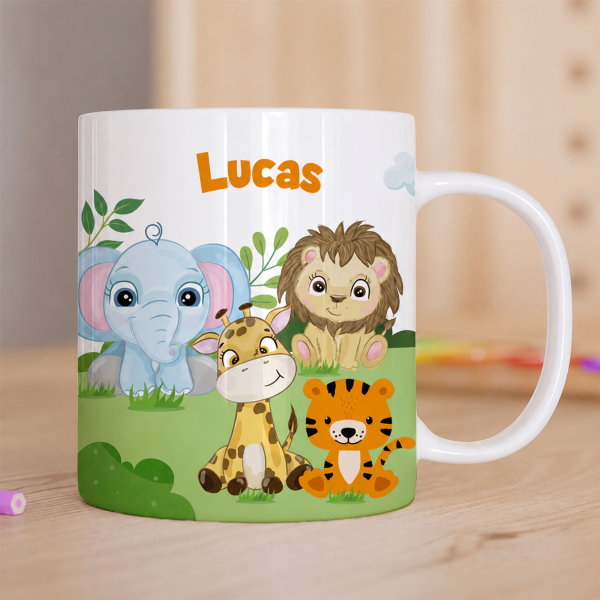 Tasse Enfant Animaux de la Jungle Incassable personnalisée avec Prénom