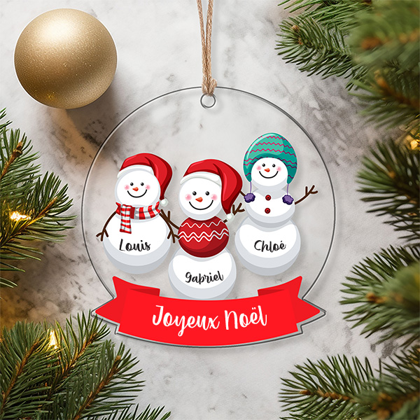 Pack de décorations pour sapin de Noël Bonshommes de neige avec prénoms personnalisés