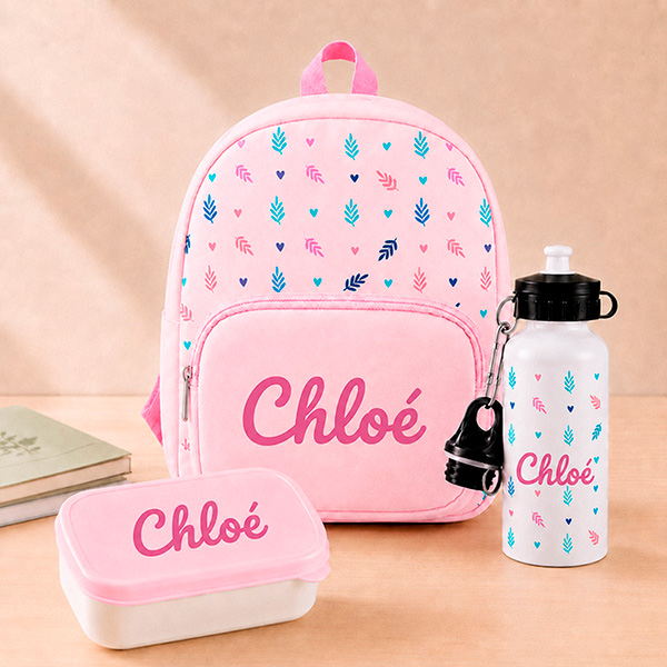 Pack Scolaire Enfant Rose avec Feuilles et Prénom personnalisé