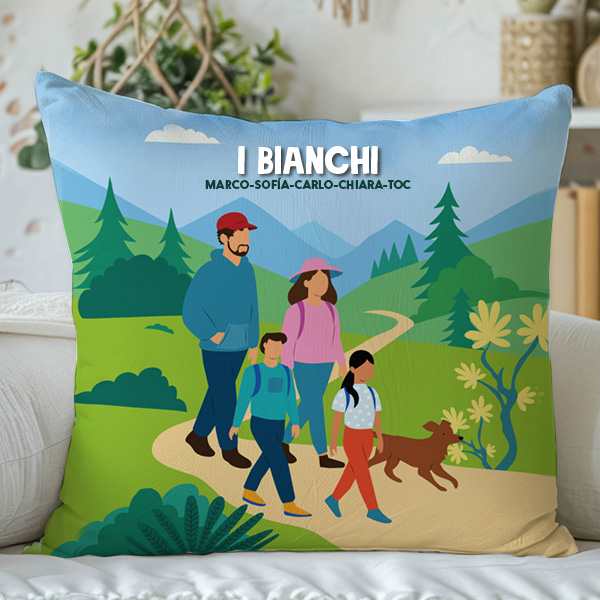 Cuscino Famiglia in Montagna con Nomi e Testo personalizzato