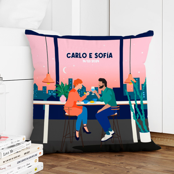Cuscino Illustrazione di Coppia con Nomi e Testo personalizzato