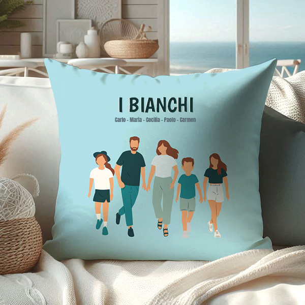 Cuscino Famiglia di Fronte con Nomi e Testo personalizzato
