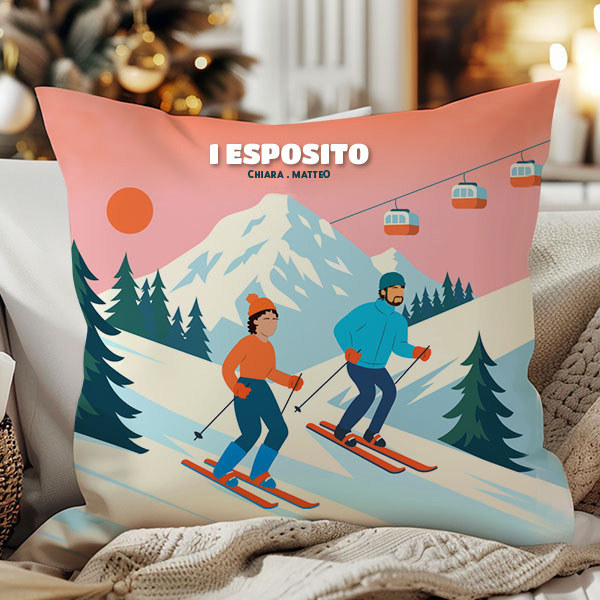 Cuscino Sci in Montagna con Nomi e Testo personalizzato