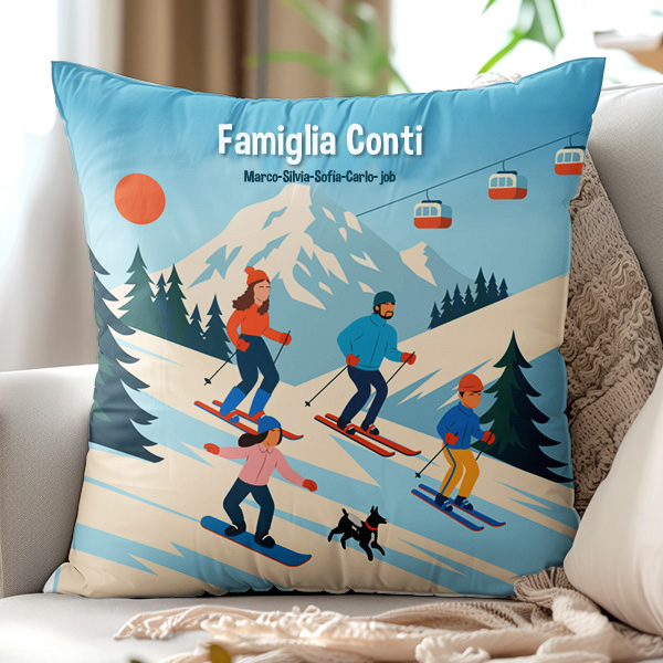 Cuscino Sci in Montagna con Nomi e Testo personalizzato
