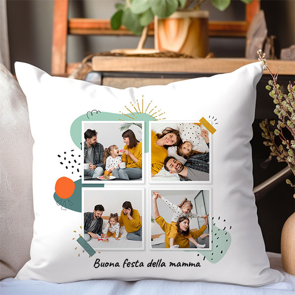 Cuscino Polaroid con Quattro Foto e Testo personalizzato