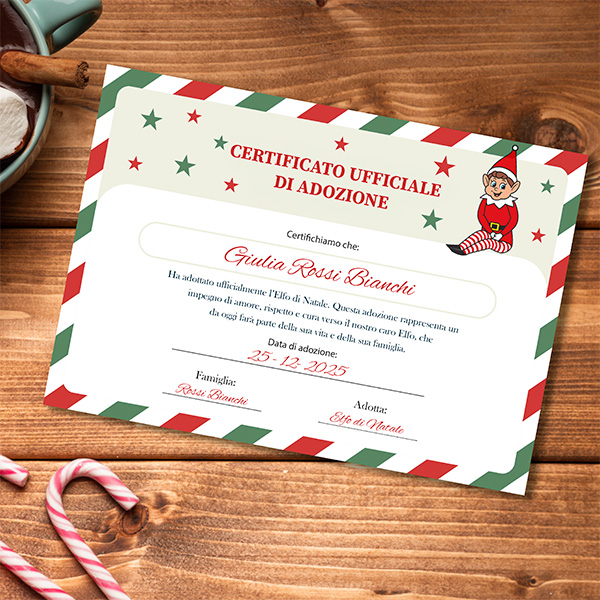 Bambola Elfo Decorativo di Natale con Certificato di Adozione e Nome personalizzato