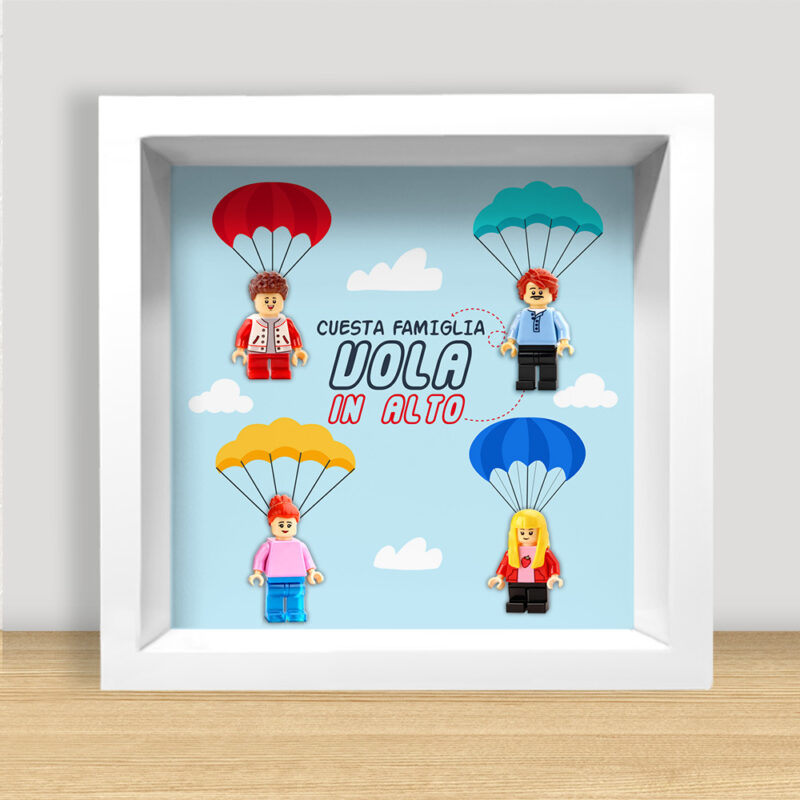 Quadro famiglia con minifigure Lego in posa elevata con nomi personalizzati