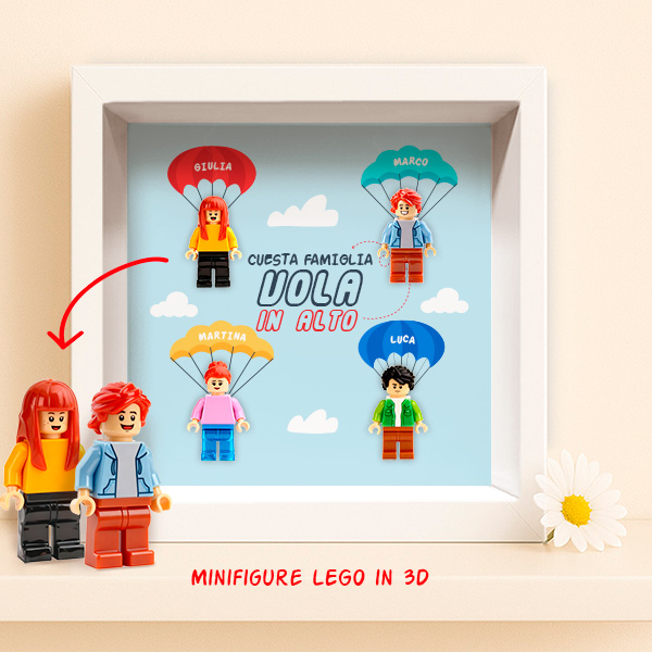 Quadro famiglia con minifigure Lego in posa elevata con nomi personalizzati