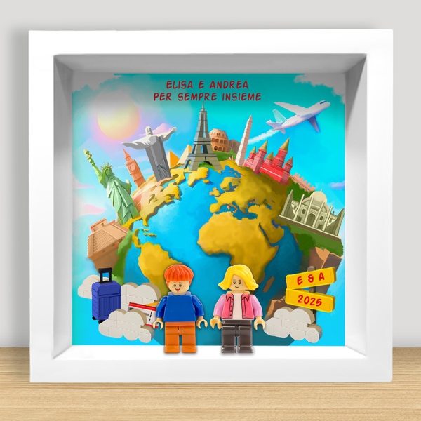 Quadro con minifigure Lego in viaggio per il mondo e testo personalizzato