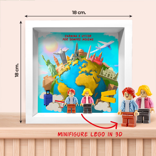 Quadro con minifigure Lego in viaggio per il mondo e testo personalizzato