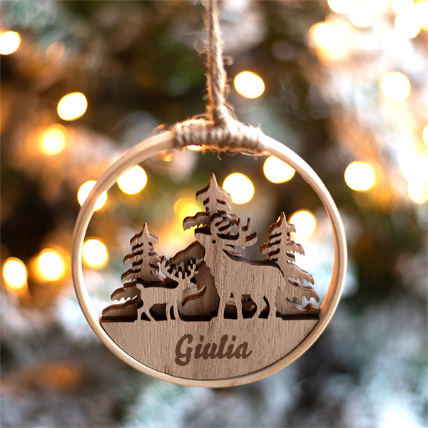 Set di Tre Decorazioni in Legno a Telaio con Renne e Nomi Personalizzati