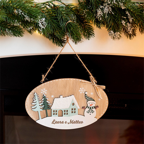 Decorazione in Legno per Porta Pupazzo di Neve con Testo Personalizzato