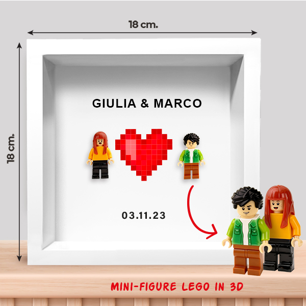 Quadro con Minifigure Lego con Cuore Centrale, Nomi e Data Personalizzati