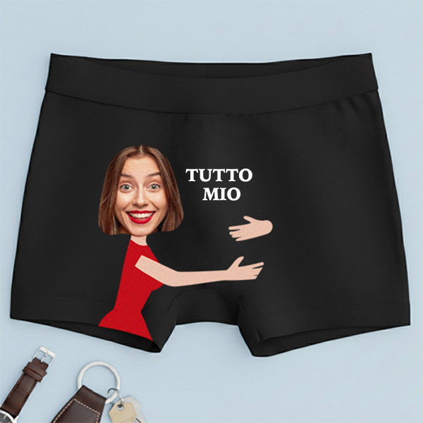 Boxer con la frase "TUTTO MIO" e foto personalizzata
