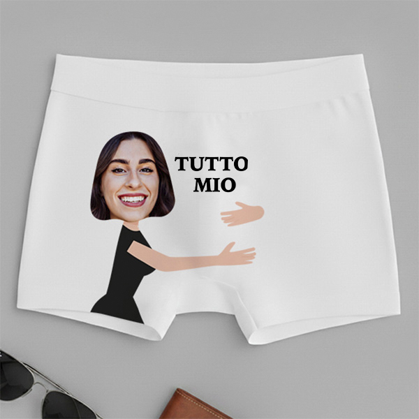 Boxer con la frase "TUTTO MIO" e foto personalizzata