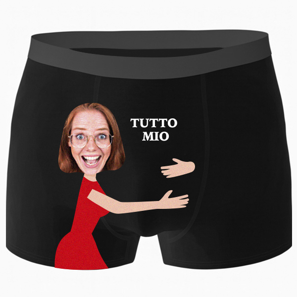 Boxer con la frase "TUTTO MIO" e foto personalizzata