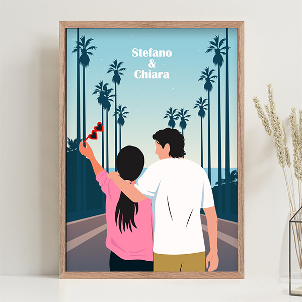 Poster con illustrazione di coppia e palme personalizzato con nomi