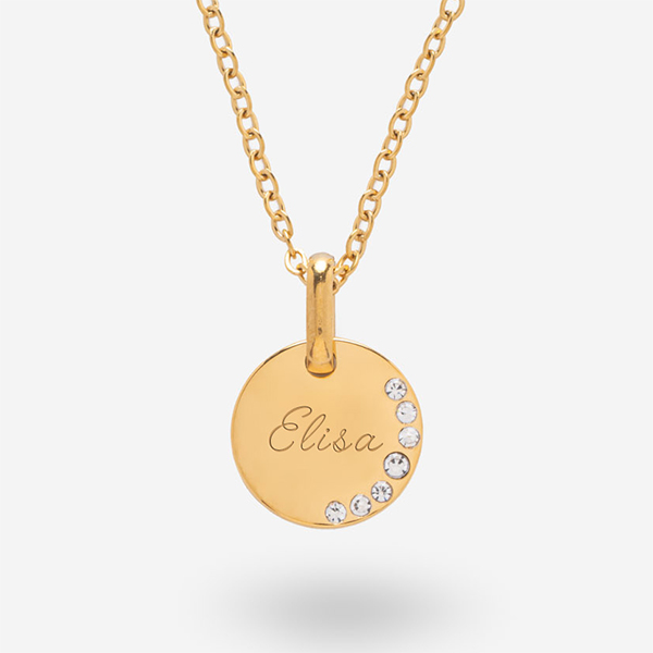 Collana rotonda con brillanti laterali e testo personalizzato