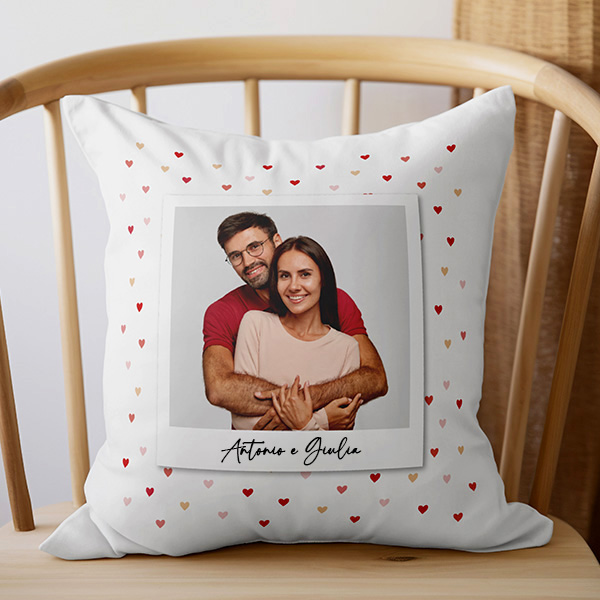 Cuscino Polaroid con Cuori, Foto e Testo personalizzato