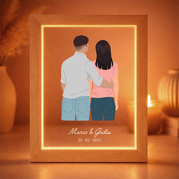 Targa o Lampada con Illustrazione di Coppia di Spalle con Nomi e Data Personalizzati