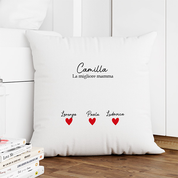 Cuscino per la Mamma con Cuori, Nomi e Testo personalizzati