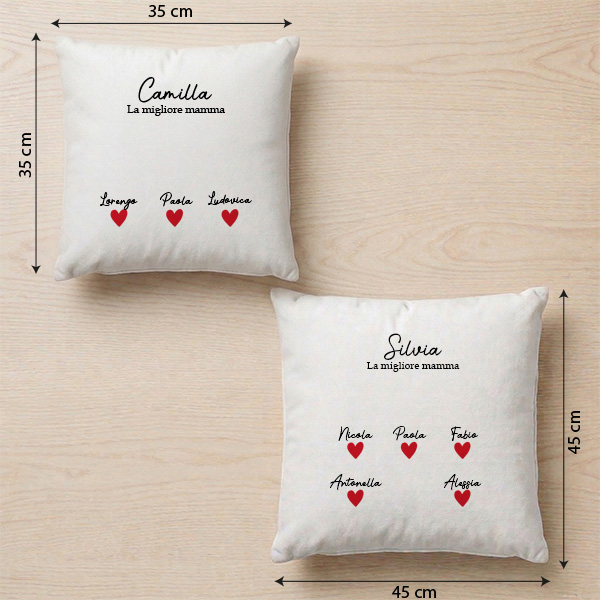 Cuscino per la Mamma con Cuori, Nomi e Testo personalizzati
