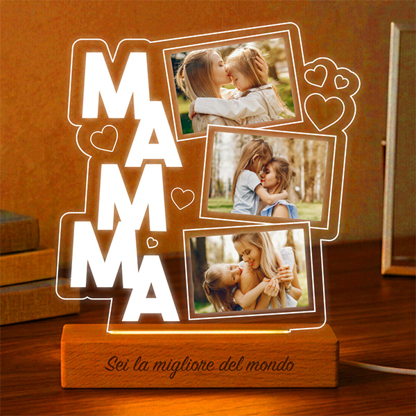 Lampada per la Mamma con Cuori e Tre Foto personalizzate