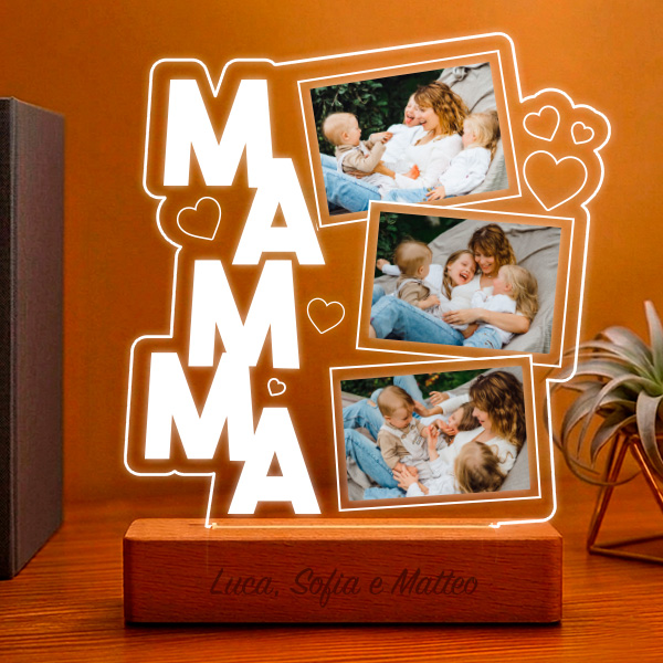 Lampada per la Mamma con Cuori e Tre Foto personalizzate