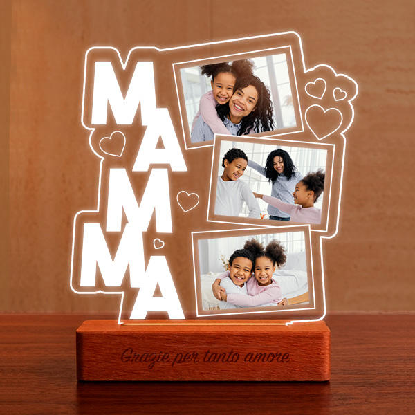 Lampada per la Mamma con Cuori e Tre Foto personalizzate