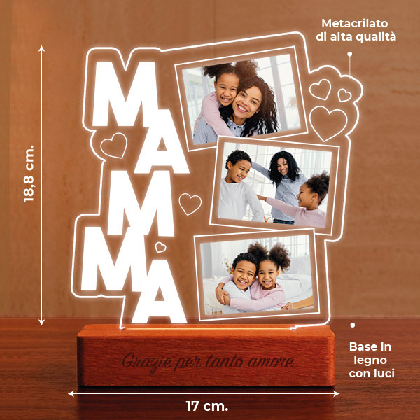 Lampada per la Mamma con Cuori e Tre Foto personalizzate