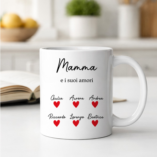 Tazza con Testo, Cuori e Nomi personalizzati