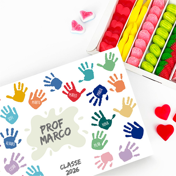 Scatola di Dolci Mani Colorate con Nomi e Testo personalizzata
