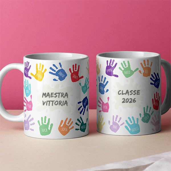 Tazza Mani Colorate con Nomi e Testo personalizzata