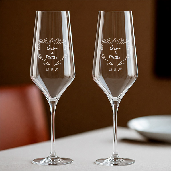 Set di 2 Flûte da Champagne Colombe con Nomi e Data Personalizzata