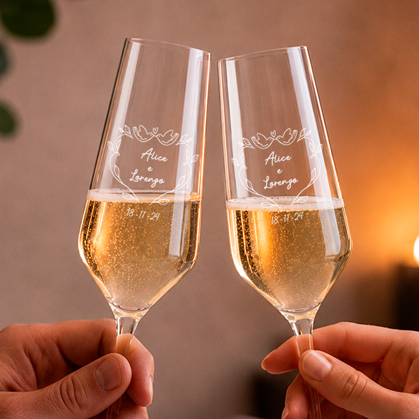 Set di 2 Flûte da Champagne Colombe con Nomi e Data Personalizzata