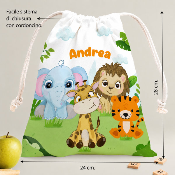Sacchetto Porta Merenda per Bambini con Animali della Giungla personalizzato
