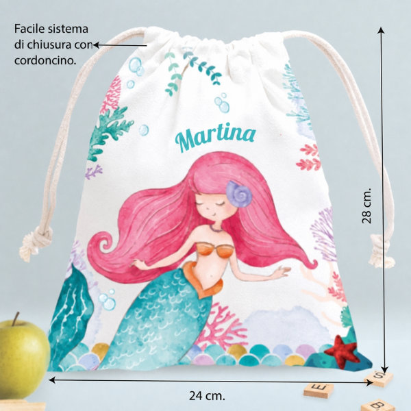 Sacchetto Porta Merenda per Bambini Sirenetta Personalizzato