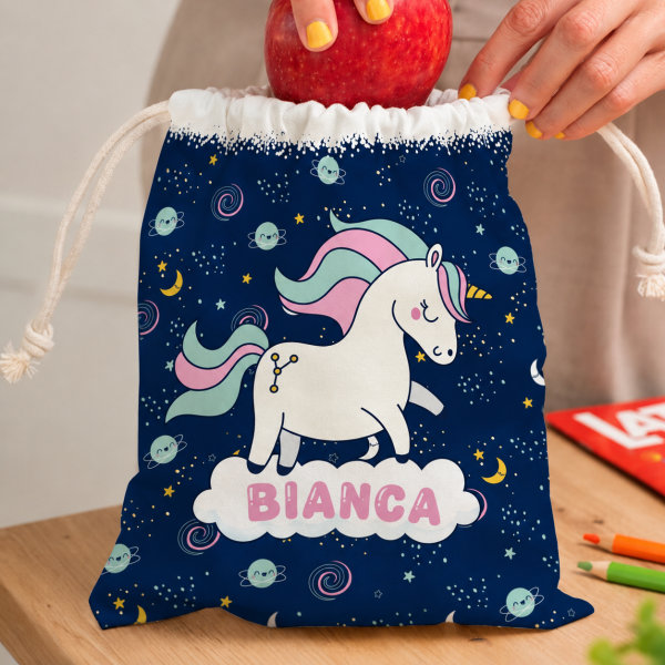 Sacchetto Porta Merenda per Bambini Unicorni Colorati Personalizzato