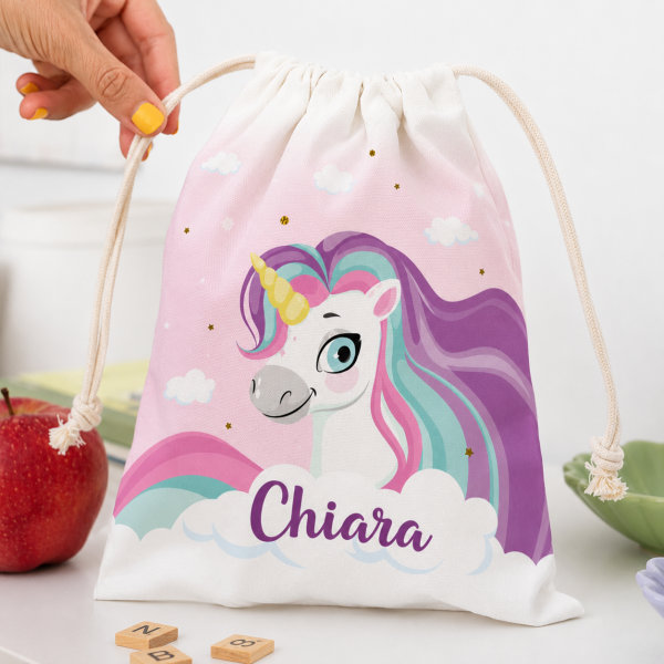Sacchetto Porta Merenda per Bambini Unicorni Colorati Personalizzato