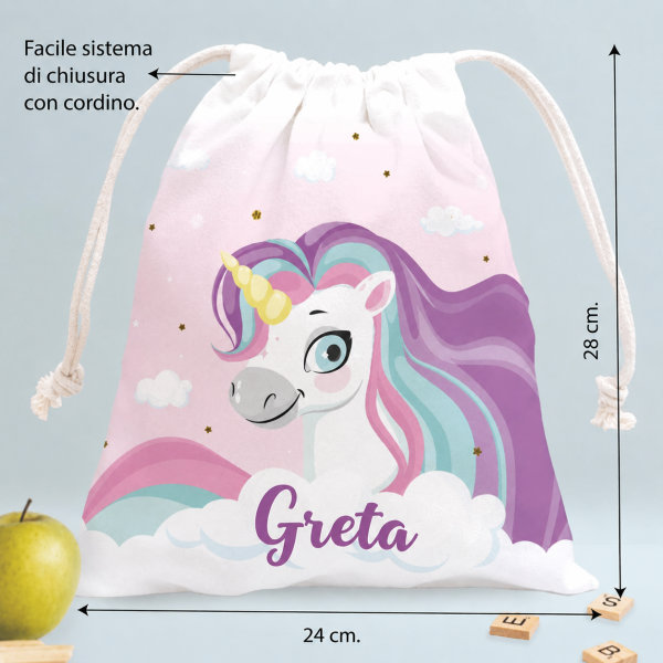 Sacchetto Porta Merenda per Bambini Unicorni Colorati Personalizzato