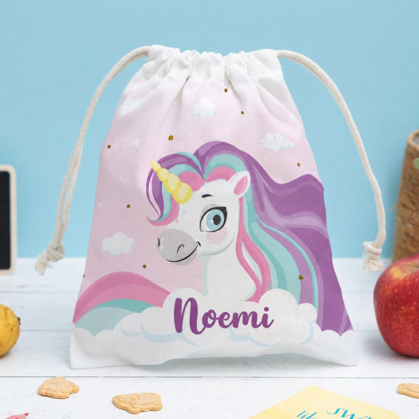 Sacchetto Porta Merenda per Bambini Unicorni Colorati Personalizzato