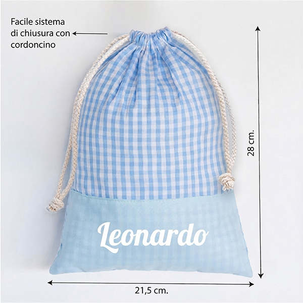 Sacchetto Porta Merenda per Bambini Quadretti Azzurri Personalizzato