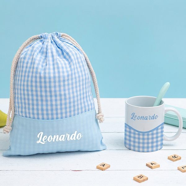 Sacchetto Porta Merenda per Bambini Quadretti Azzurri Personalizzato