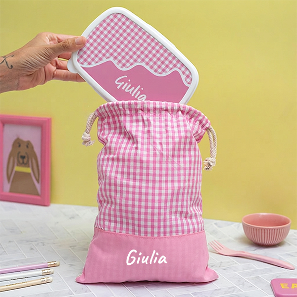 Sacchetto Porta Merenda per Bambini Quadretti Rosa Personalizzato