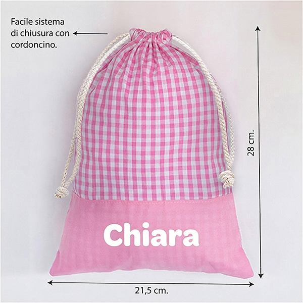 Sacchetto Porta Merenda per Bambini Quadretti Rosa Personalizzato