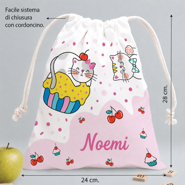 Sacchetto Porta Merenda per Bambini Gattini Personalizzato
