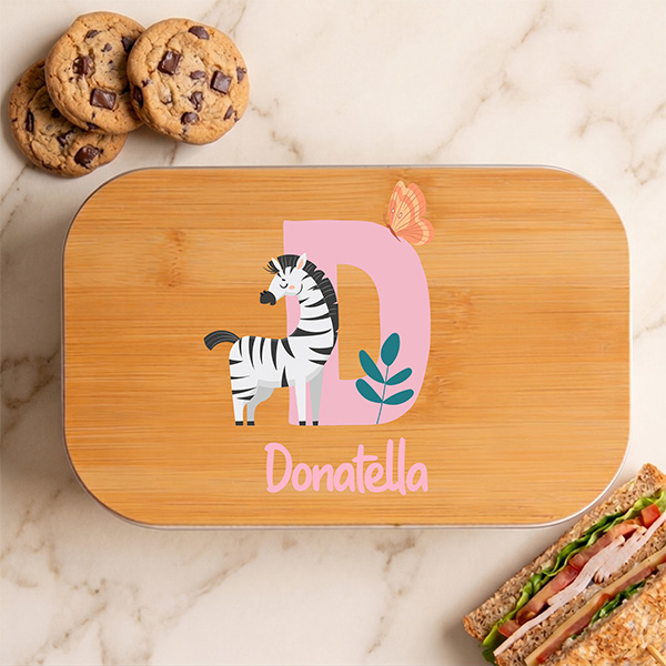 Portapranzo Bambini con Coperchio in Legno e Iniziale Personalizzata