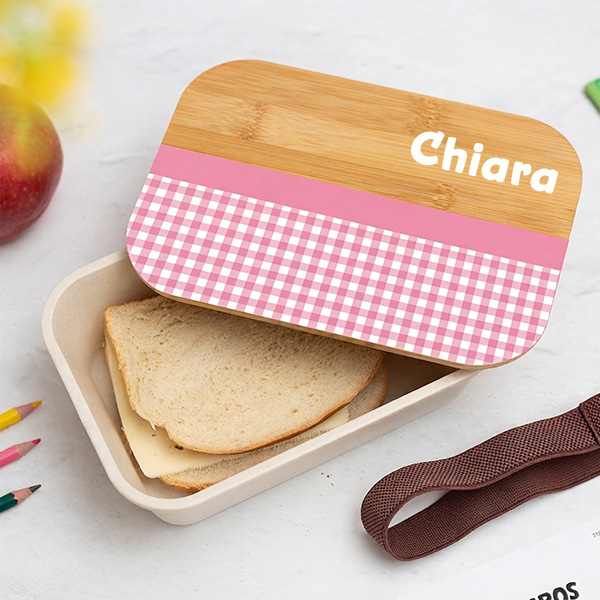 Portapranzo per Bambini con Coperchio in Legno Quadretti Personalizzato
