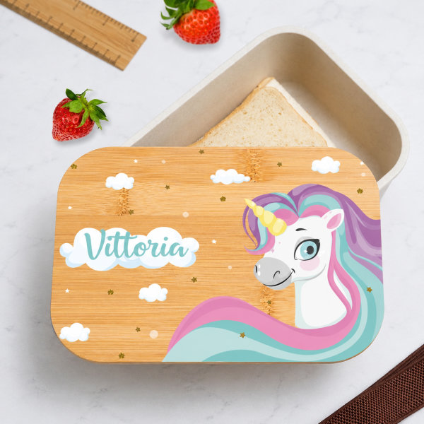 Portapranzo per Bambini con Coperchio in Legno Unicorni Colorati Personalizzato