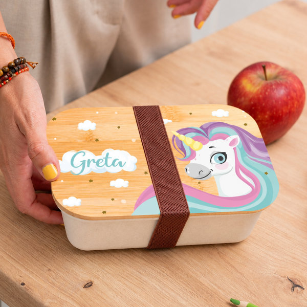Portapranzo per Bambini con Coperchio in Legno Unicorni Colorati Personalizzato